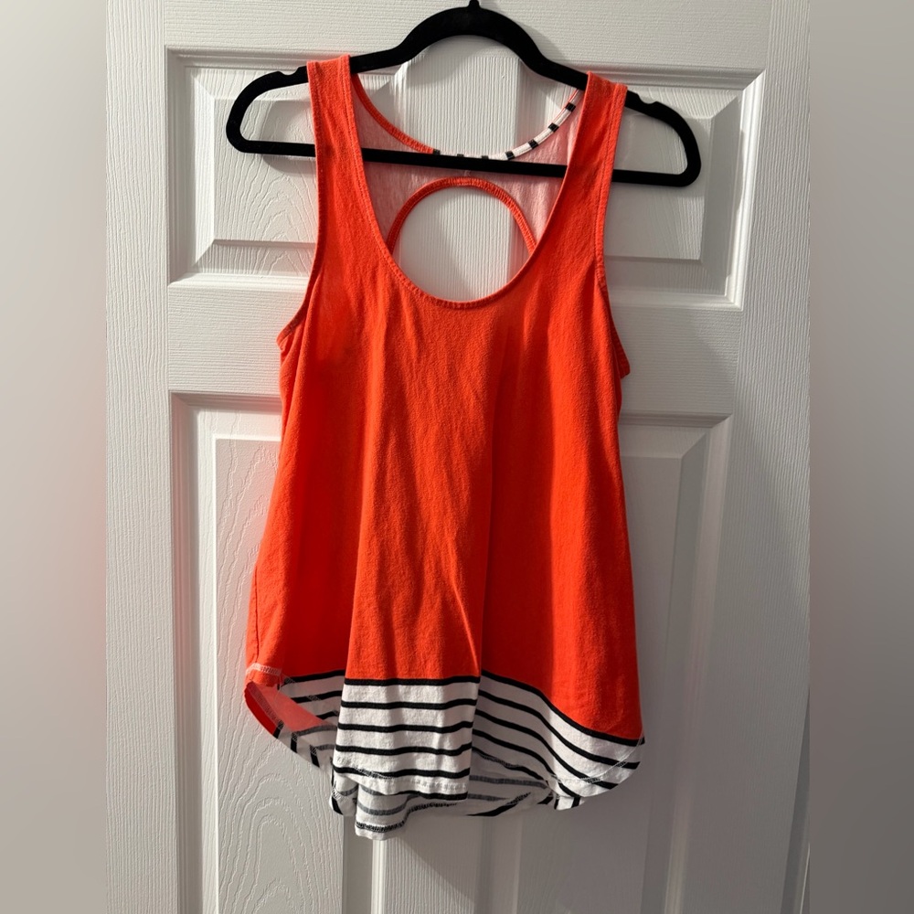 Deletta Orange Tank Top with Black and White Striped Hem